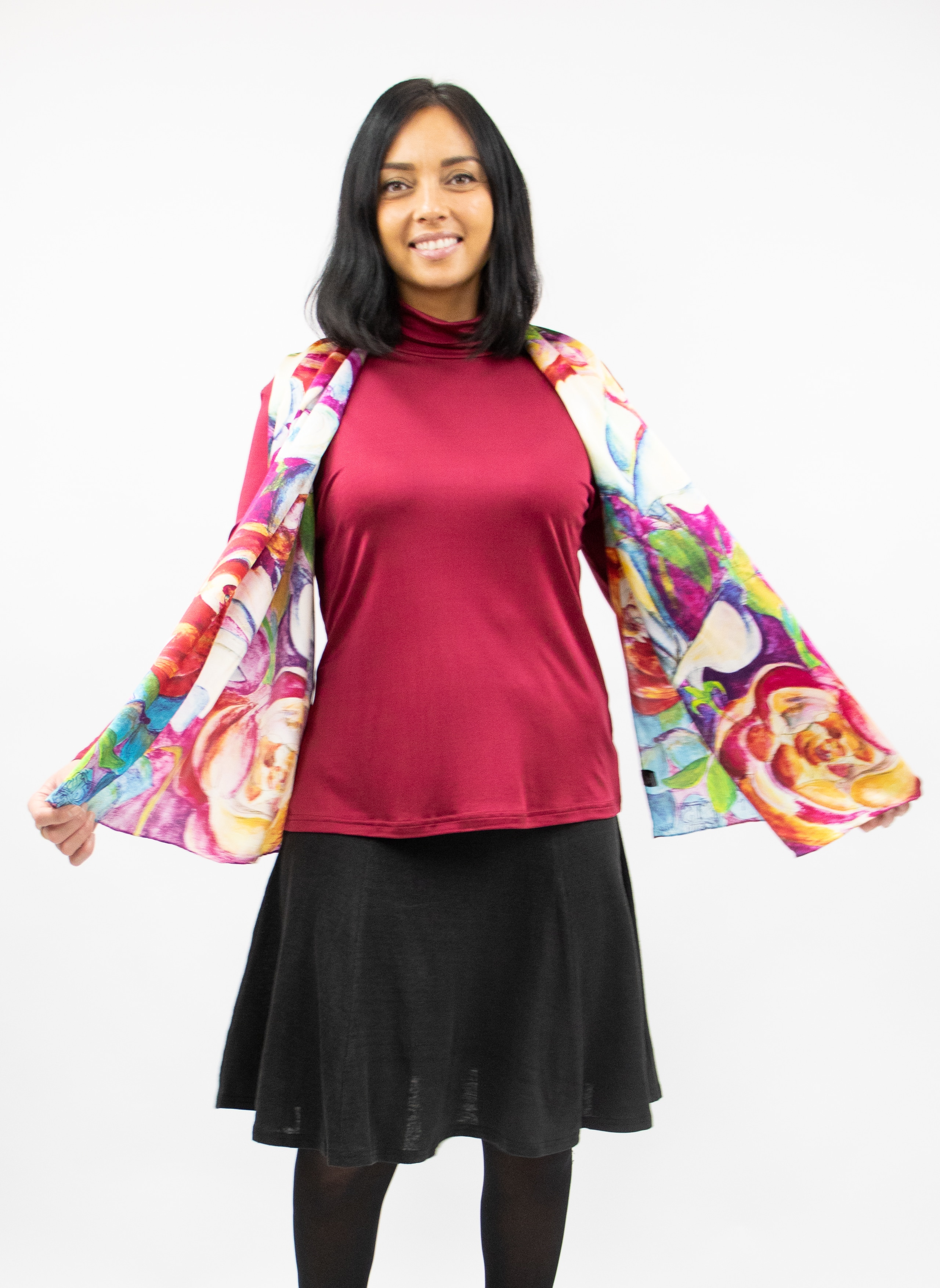 Sidensjal Konsttryck, Röd-Cerise blom